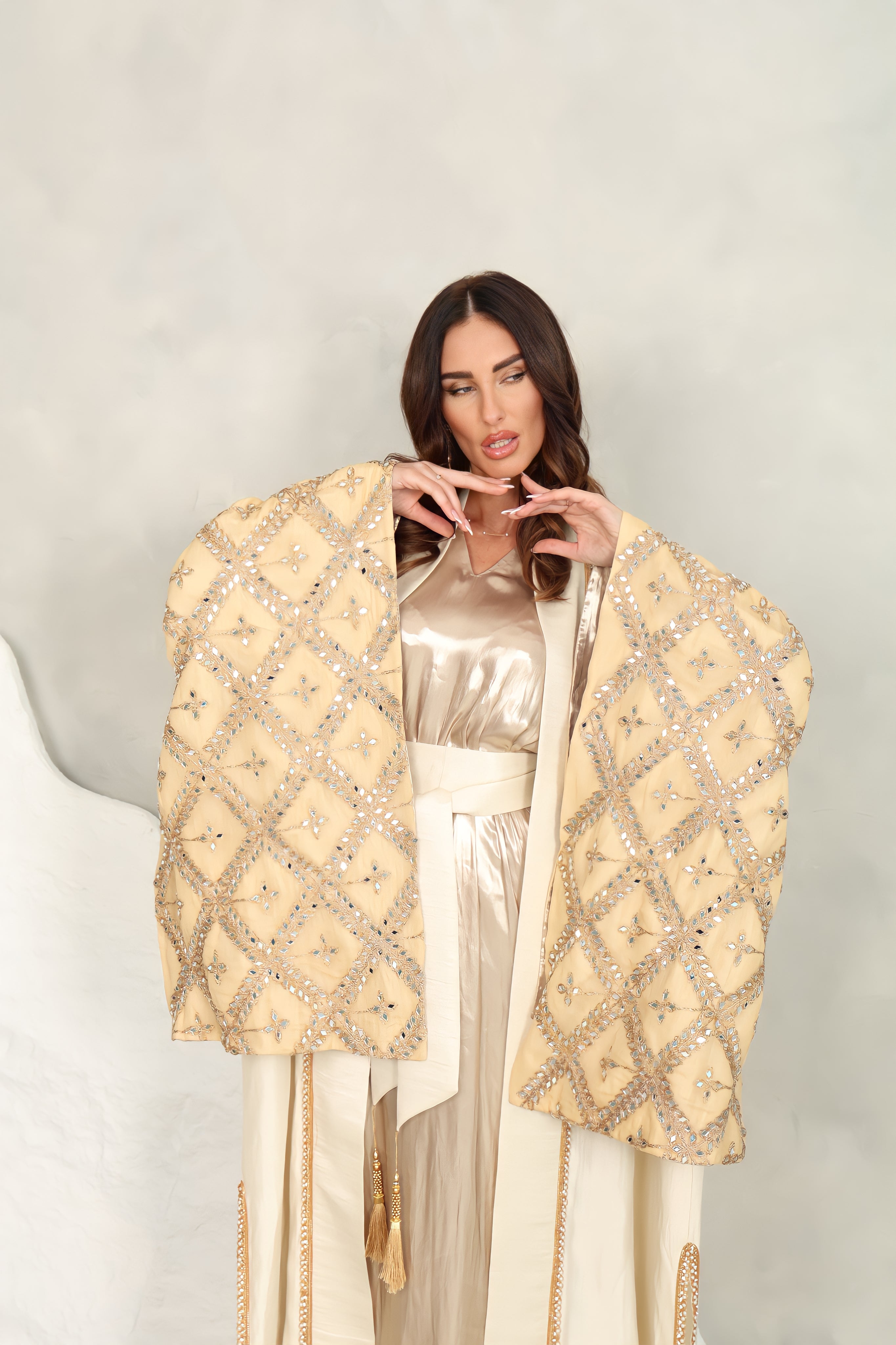 Off White Embroidered Taftta Kaftan