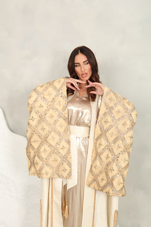 Beige Gold Kaftan With Mirror Embroidery