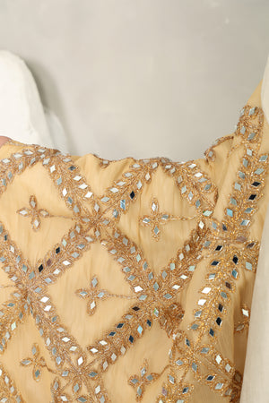 Beige Gold Kaftan With Mirror Embroidery