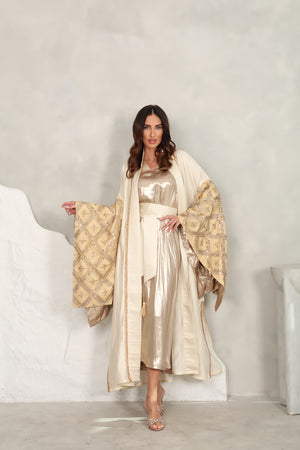 Beige Gold Kaftan With Mirror Embroidery