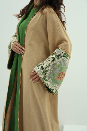 Linen green abaya – biege