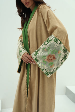 Linen green abaya – biege
