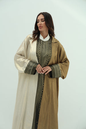 Linen off white-bronze abaya