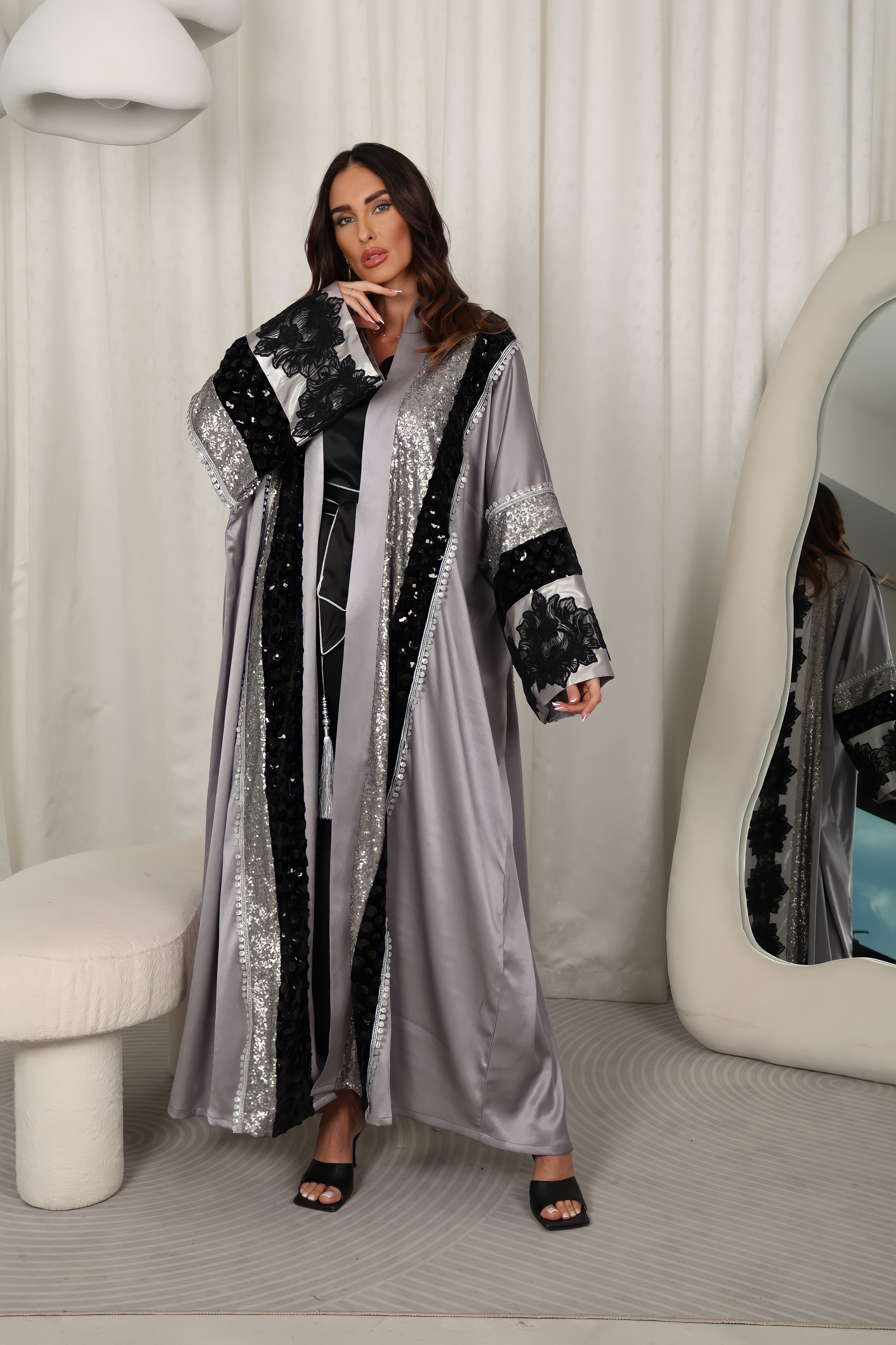 Grey Crepe Satin Abaya