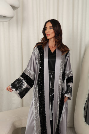 Gray Abya With Velvet And Sequence Embrodory