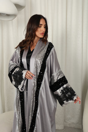 Gray Abya With Velvet And Sequence Embrodory