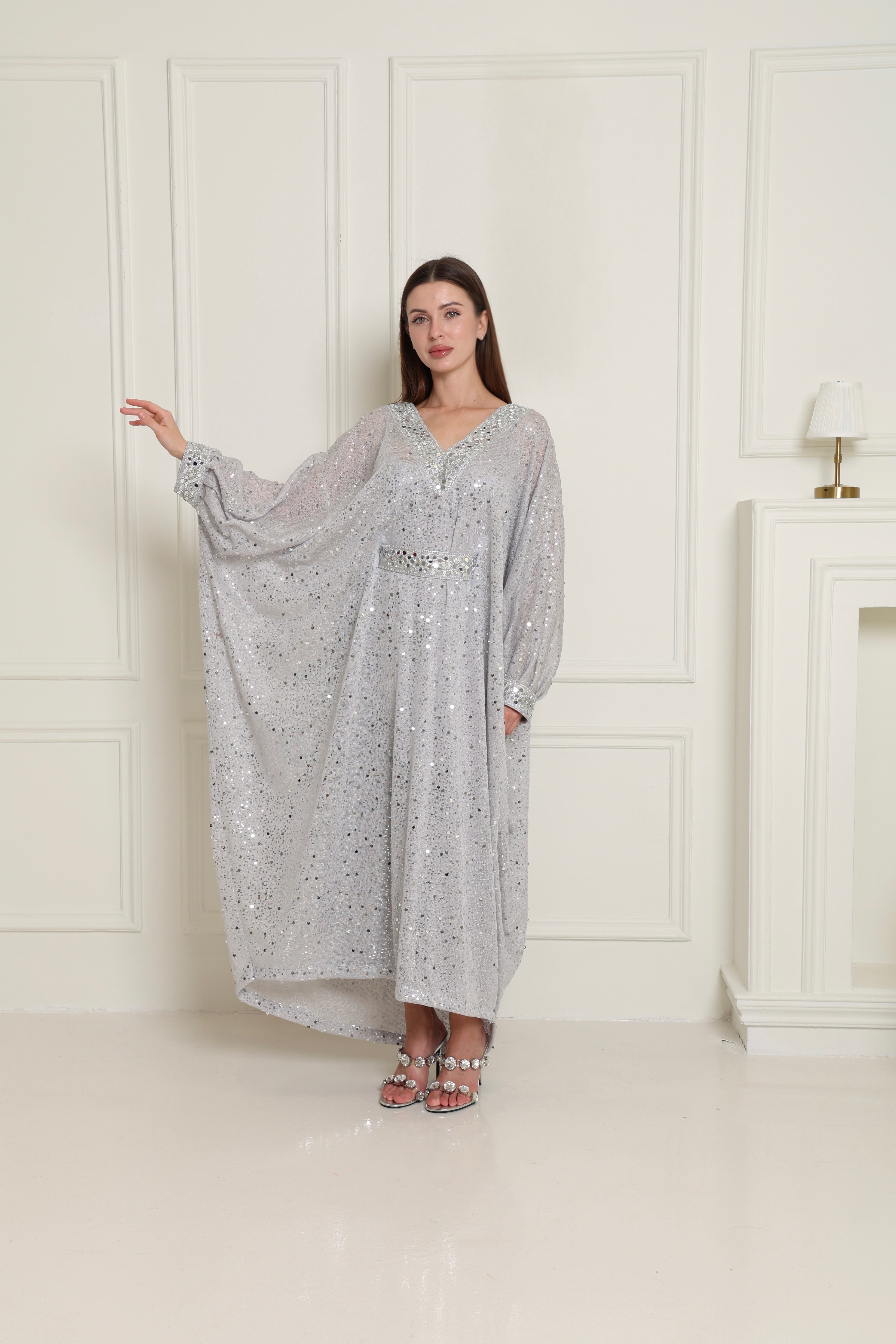 Silver Embroidered Knit Kaftan