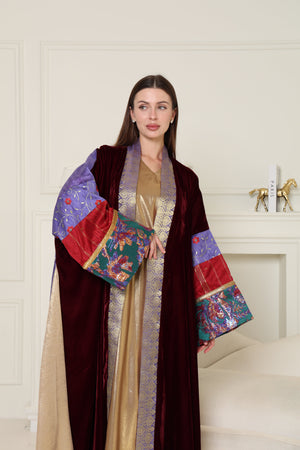 Burgundy Brokar Velvet Abaya