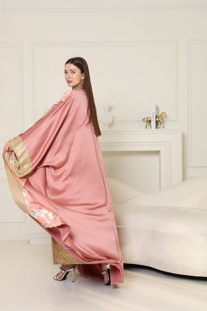 Peach Embroidered Crepe Satin Abaya