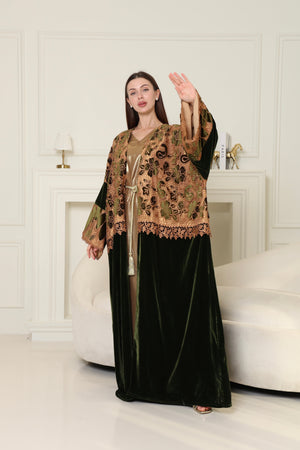 Olive Green Cut-Out Velvet Abaya