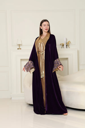 Purple Embroidered Velvet Abaya