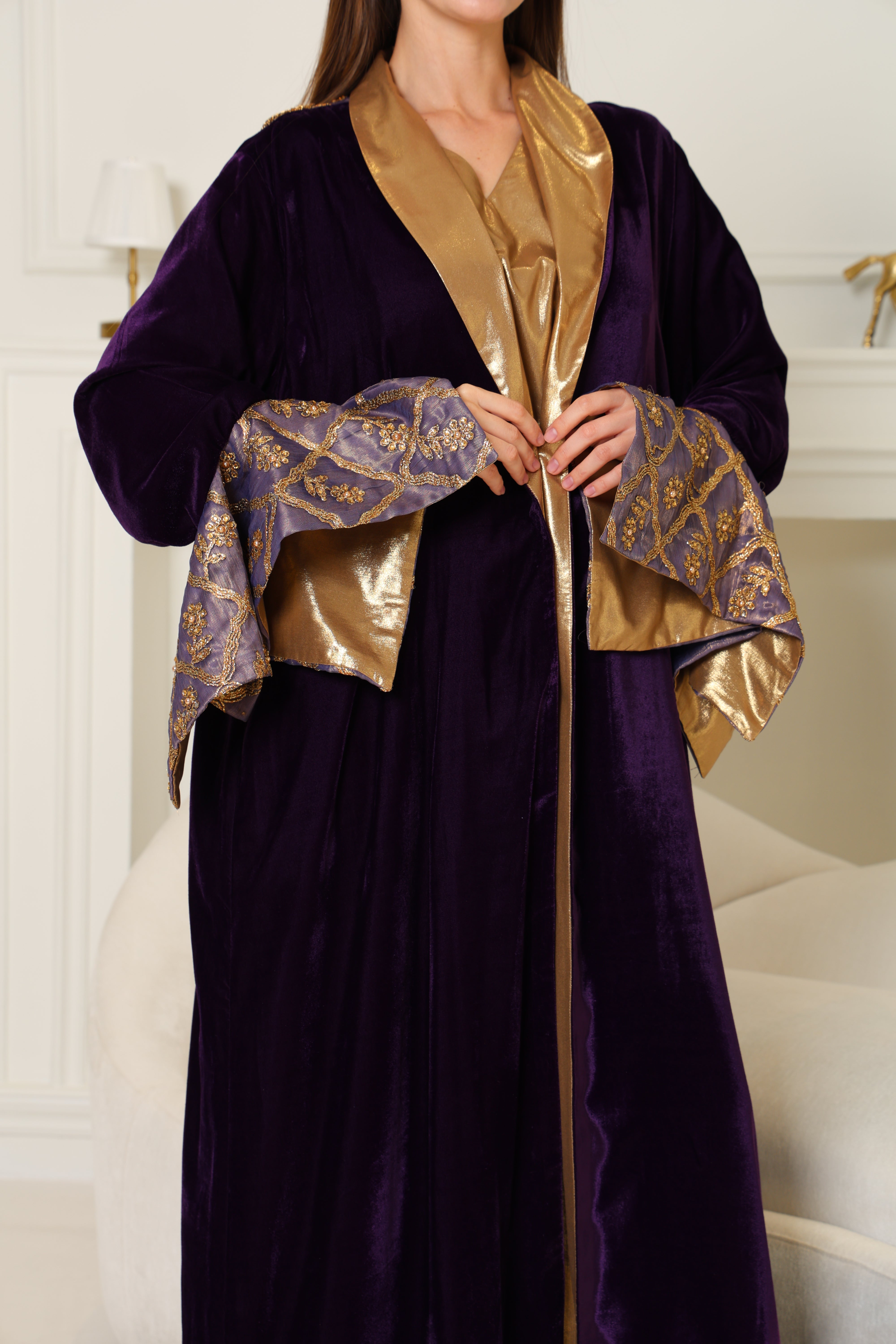 Purple Embroidered Velvet Abaya
