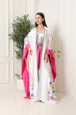 White Embroidered Crepe Satin Abaya