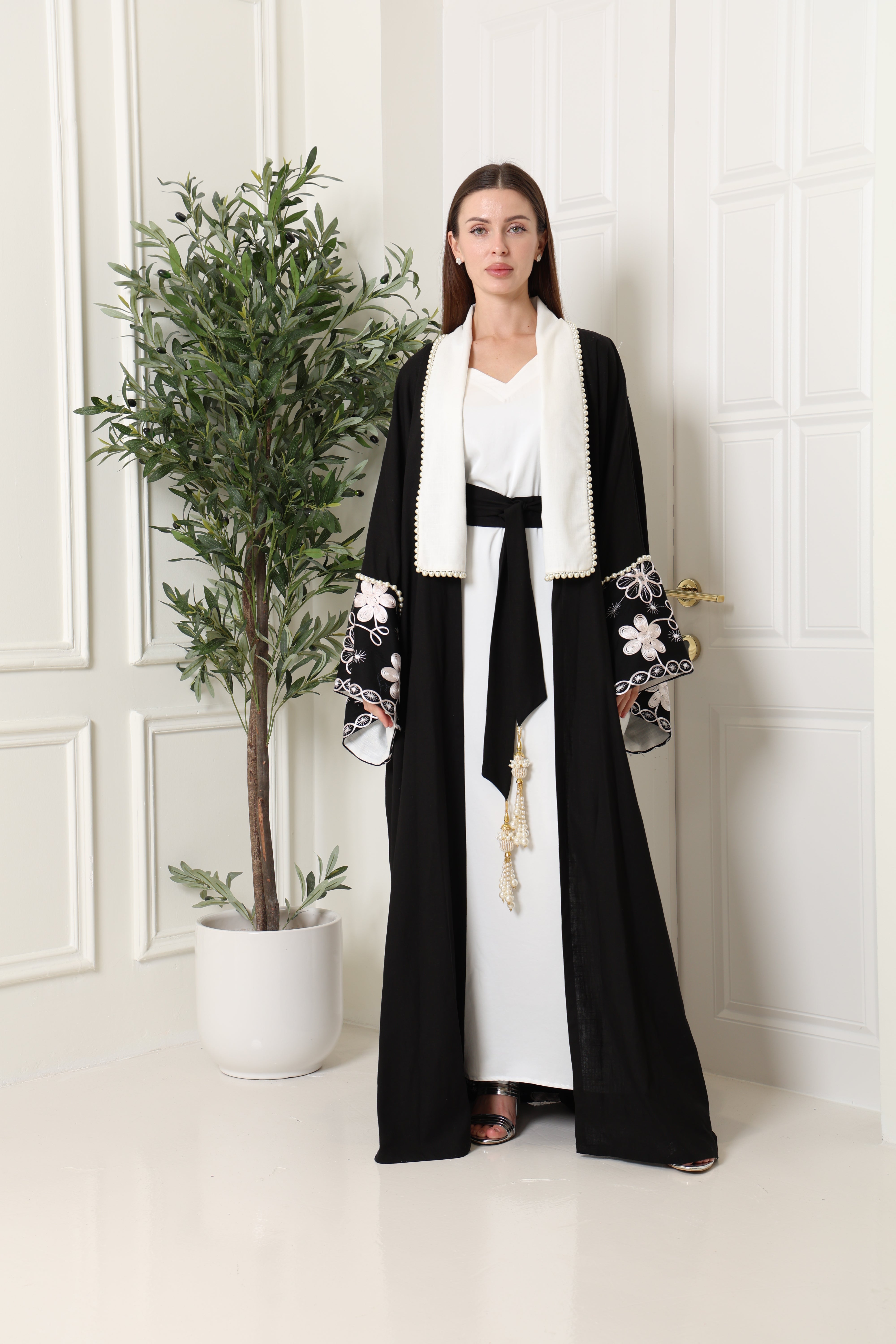 Black Embroidered Linen Abaya