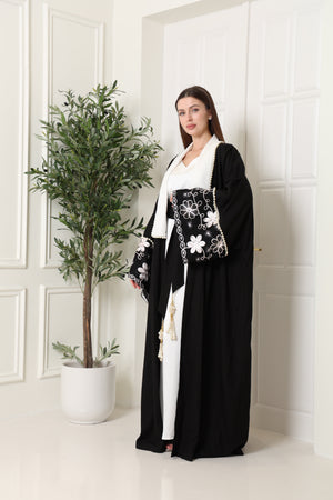 Black Embroidered Linen Abaya