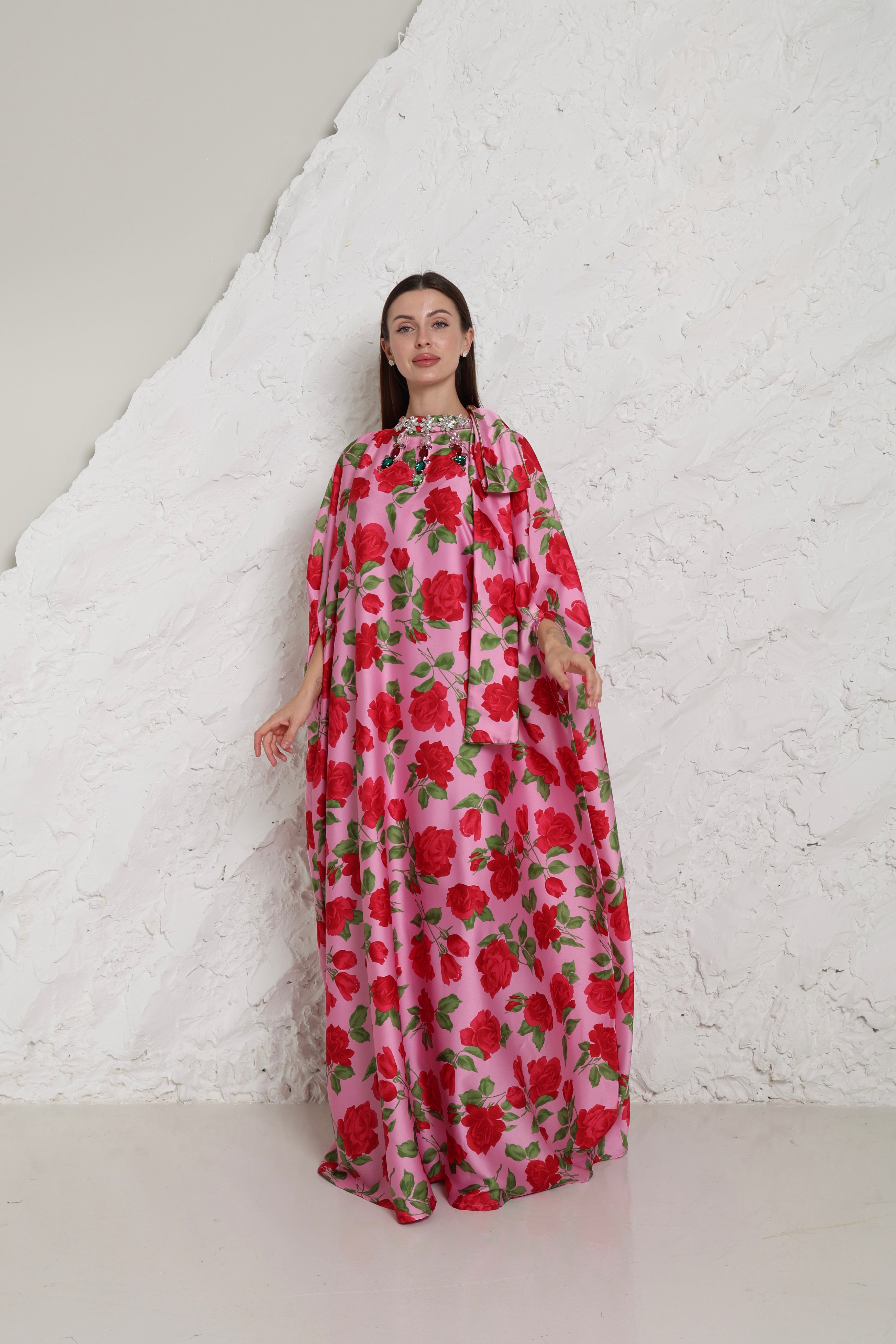 Pink Crepe Satin Evening Kaftan