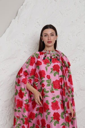 Pink Crepe Satin Evening Kaftan