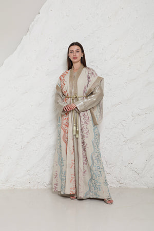 Beige Embroidered Linen Kaftan