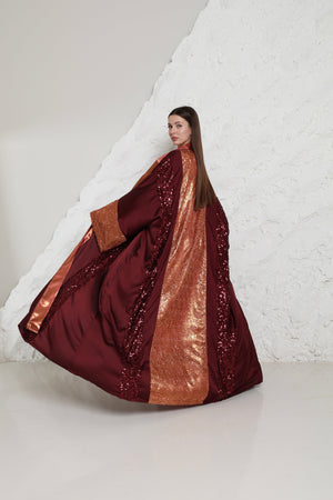 Burgundy Embroidered Crepe Satin Abaya