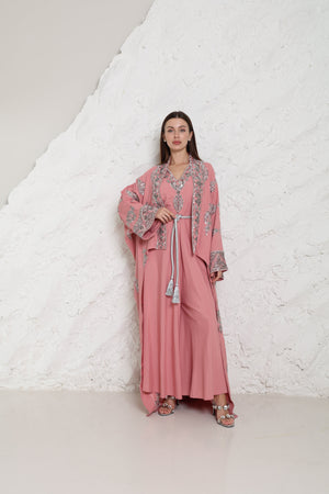 Pink Embroidered Linen Abaya