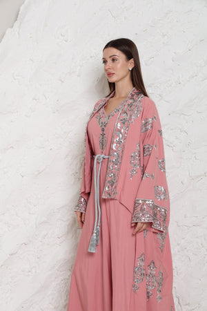 Pink Embroidered Linen Abaya