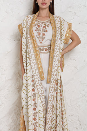 Off White Embroidered Linen Abaya