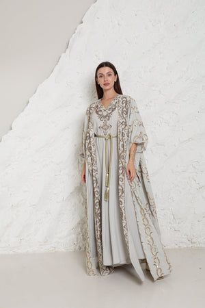 Grey Embroidered Linen Abaya