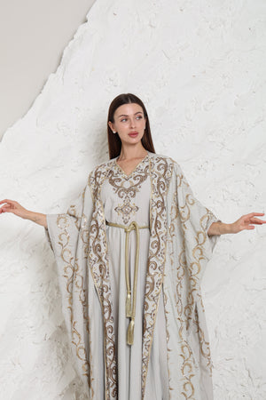 Grey Embroidered Linen Abaya