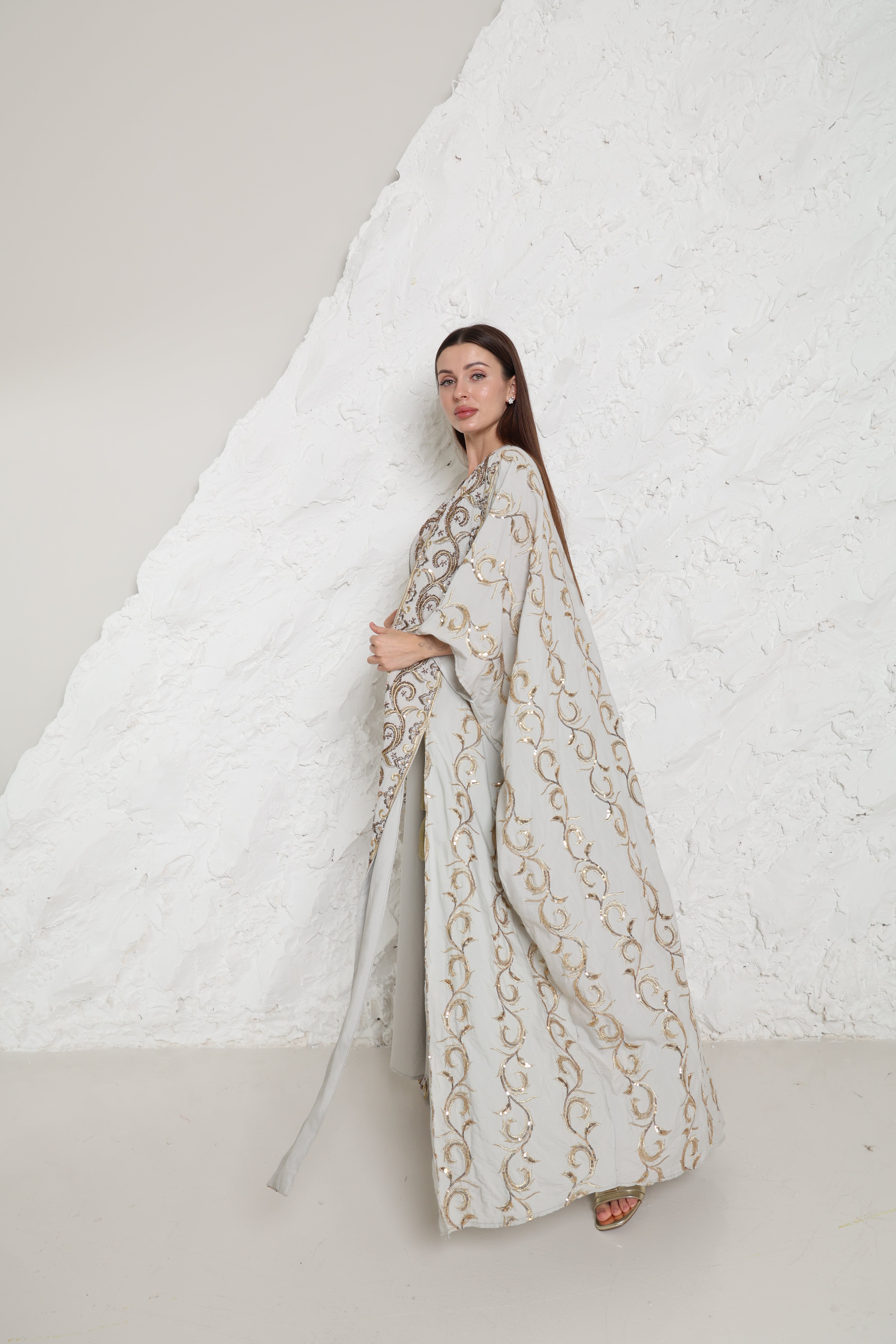 Grey Embroidered Linen Abaya