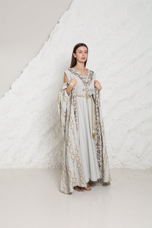 Grey Embroidered Linen Abaya
