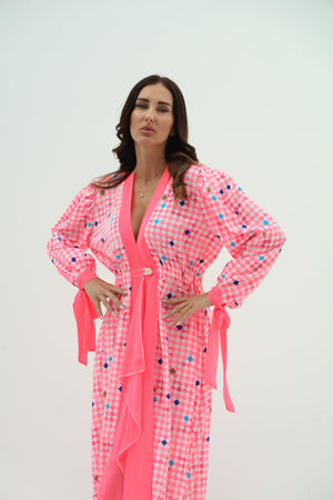 Vibrant Pink Geometric Belted Beach Cover-Up