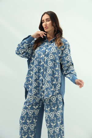Cotton blue set – jeans embroidered shirt and pants design