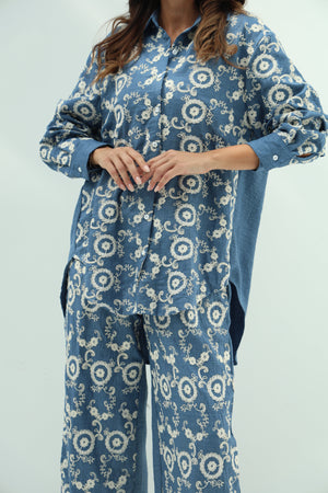 Cotton blue set – jeans embroidered shirt and pants design
