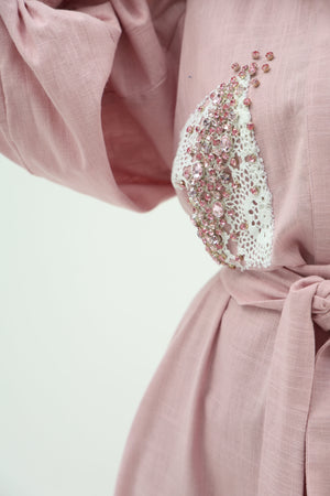 Linen pink dress – crystal design embroidered