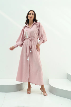 Linen Pink Linen Embroidered Dress – Pink Design featuring pink linen dress with pleated shoulders andembellished with white