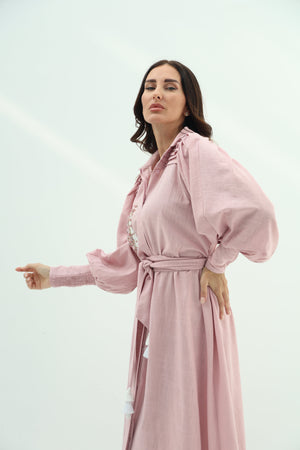 Linen pink dress – crystal design embroidered