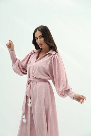 Linen pink dress – crystal design embroidered