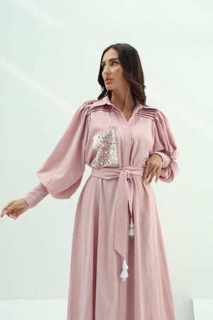Linen pink dress – crystal design embroidered