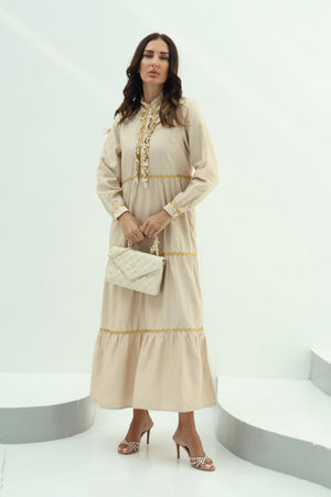 Biege embroidered linen dress design