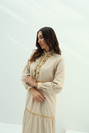 Biege embroidered linen dress design