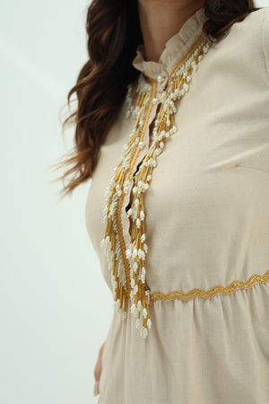 Biege embroidered linen dress design