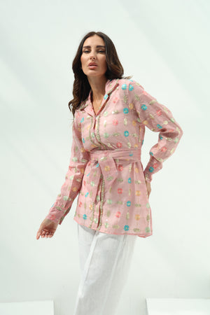 Linen pink floral embroidered shirt set
