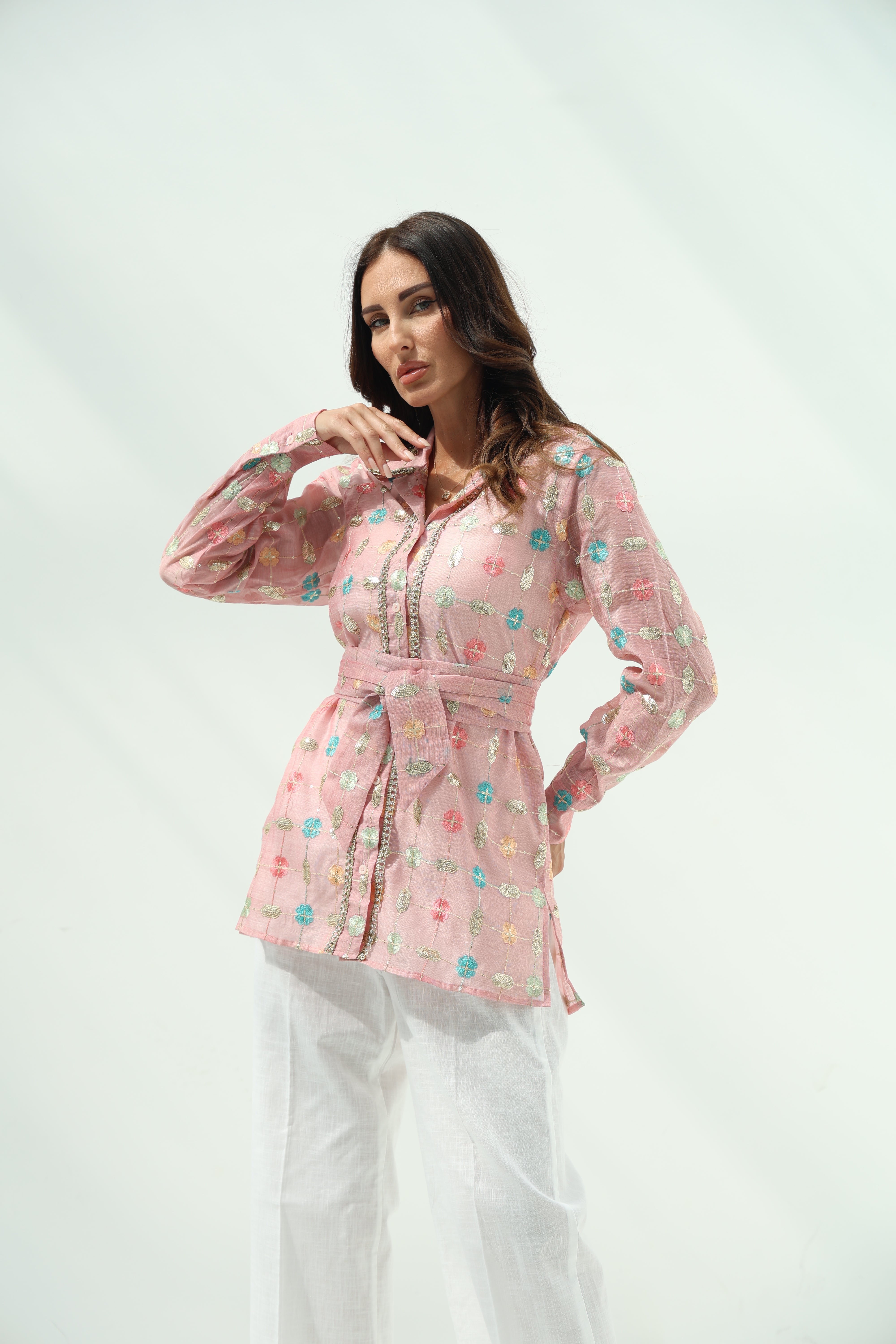 Pink Belted Linen Casual Wear