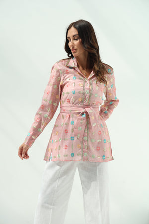Linen pink floral embroidered shirt set