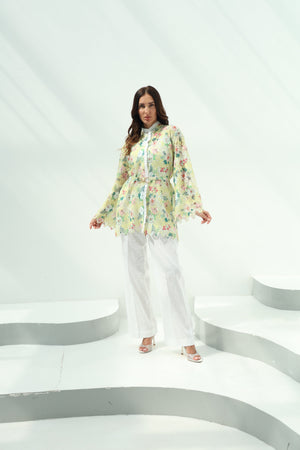 Cotton knit floral shirt set – yellow, white linenpants