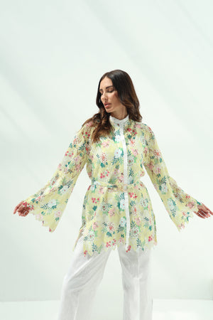 Cotton knit floral shirt set – yellow, white linenpants