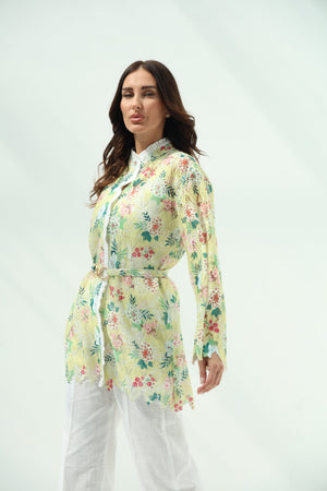 Cotton knit floral shirt set – yellow, white linenpants