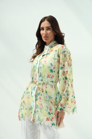 Cotton knit floral shirt set – yellow, white linenpants