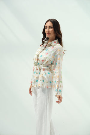 Off-White Organza Pants Set with Linen Shirt