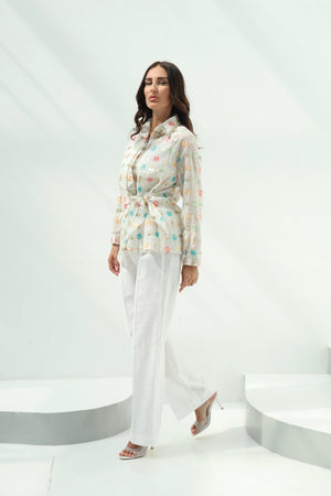 Off-White Organza Pants Set with Linen Shirt